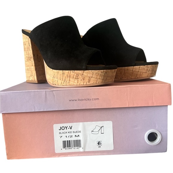 Black and Tan Platform Cork Heel Shoes - Picture 3 of 9